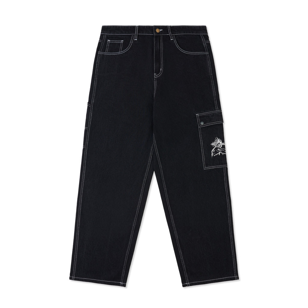 Come Sundown Helix Jeans - Washed Black. Co-Designed By Rowan Davis. Baggy carpenter style pants with cargo button closure pockets and helix graphic embroidered. Shop Come Sundown streetwear online with Pavement, Ōtepoti's independent skate store. Free NZ shipping over $150.