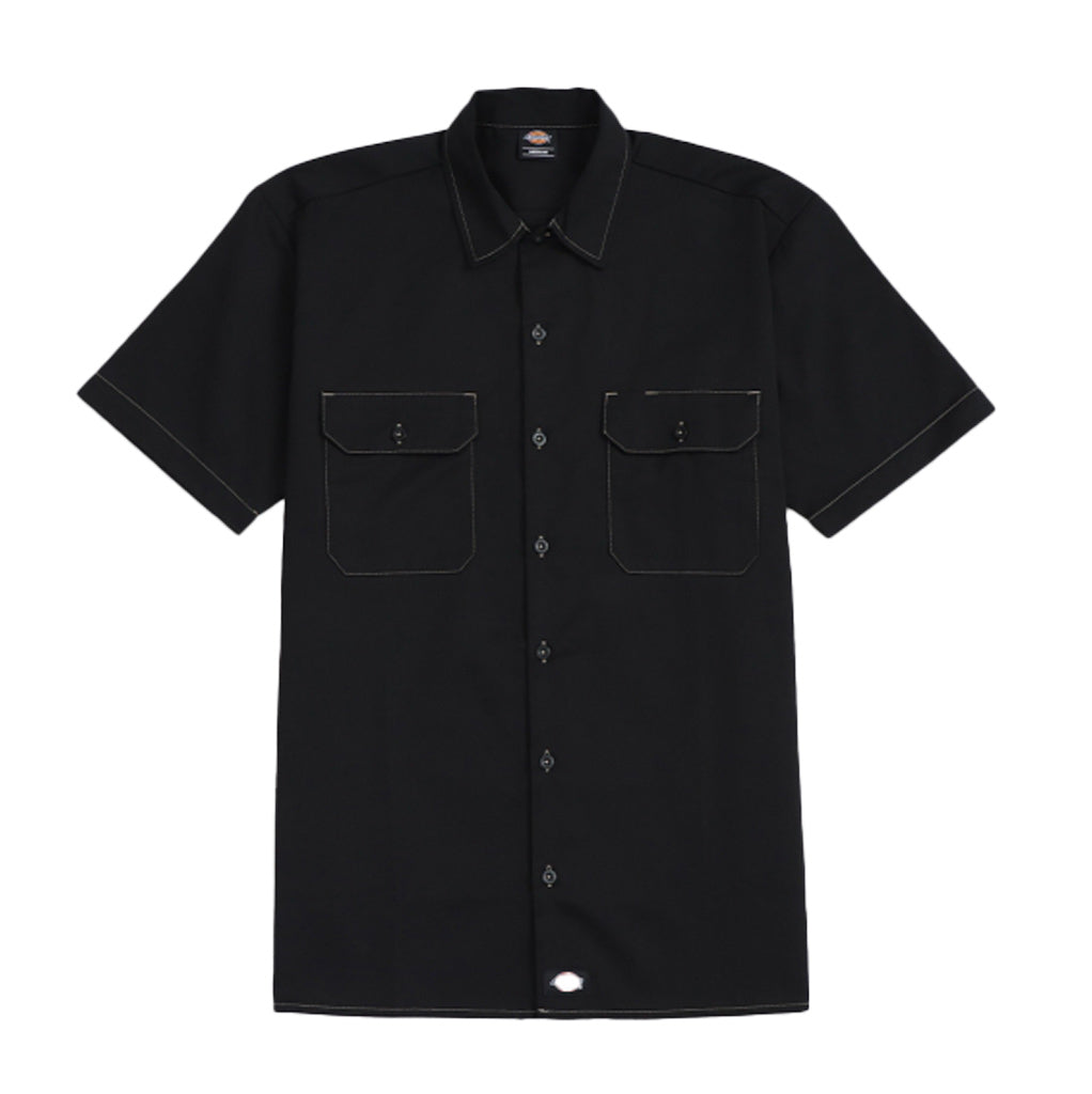 Dickies 1574 Original Fit Contrast Stitch S/S Workshirt - Black. Dickies Lightweight 66 Cloth: 5.25oz 65% Polyester 35% Cotton Twill. Contrast stitching. Chest pockets. Moisture-wicking Fabric. Pencil slot at wearer’s left pocket. Non-break melamine buttons. Shop Dickies online with Pavement. Free NZ shipping over $150