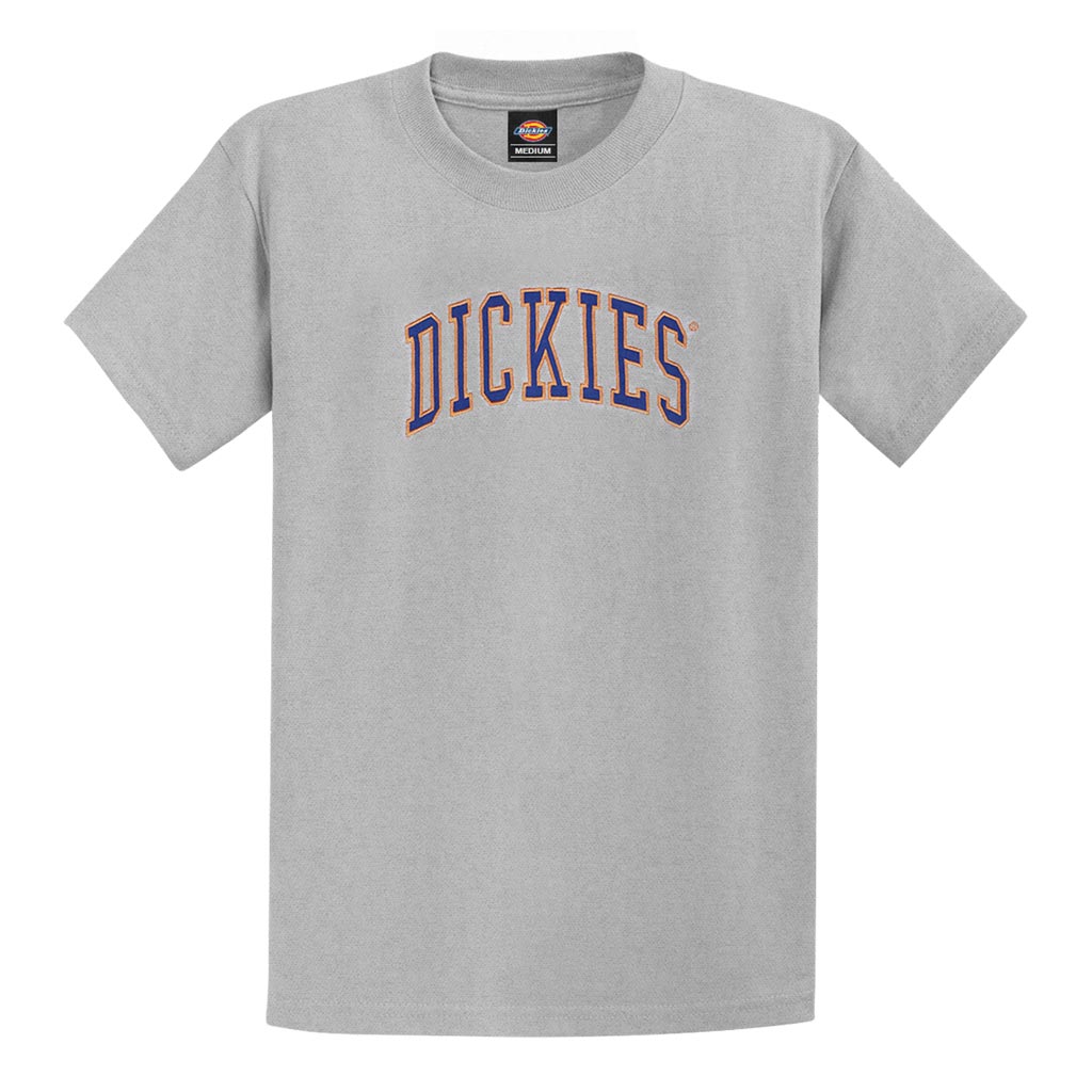 Dickies Longview Stadium Classic Fit Tee - Grey Marle. Dickies Heavyweight Jersey: 235gsm 100% Cotton Jersey. Embroidered applique graphic. Heavyweight jersey. Ribbed neck. Dickies woven label. Product Code: DM124-SS05.