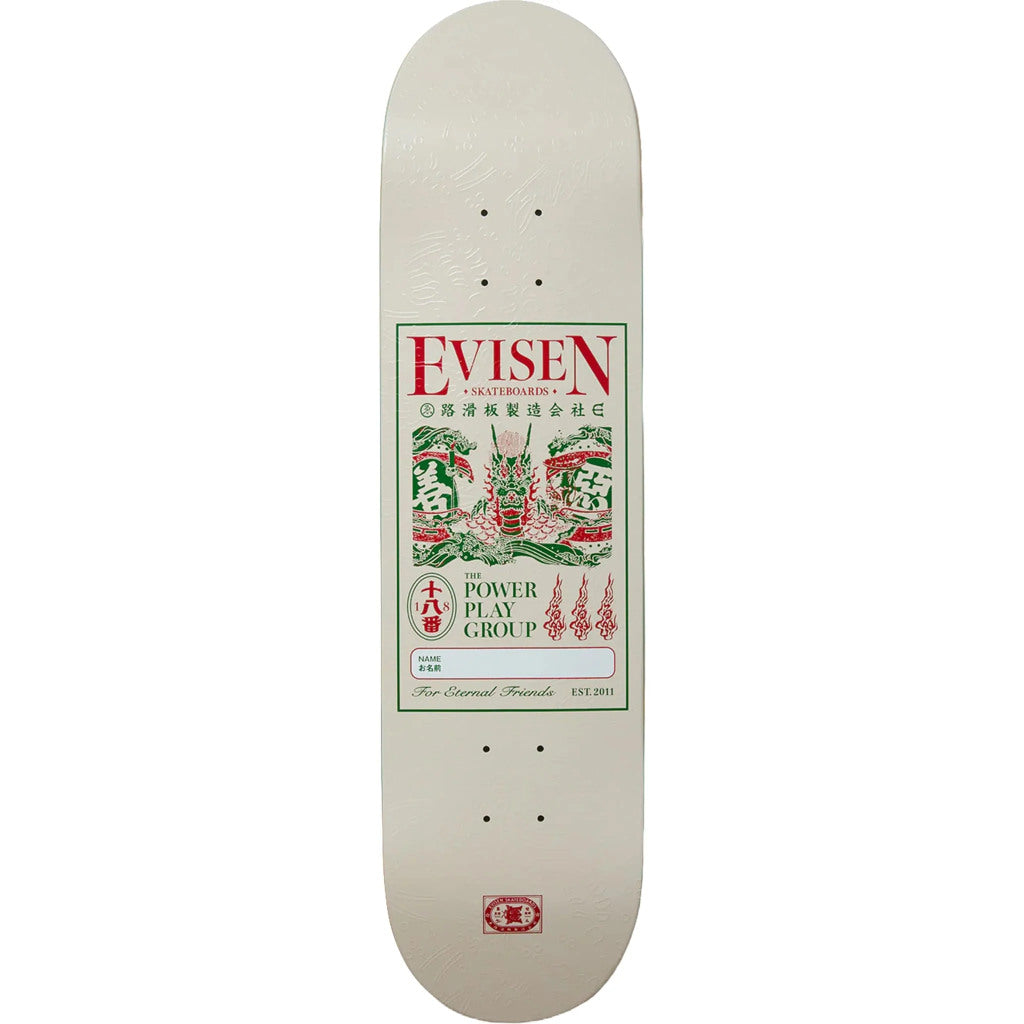 Evisen Dragon Name Tag 1 White/Red 8.25" Skateboard Deck | Shop Skateboards online with Pavement Skate Store with free Aotearoa NZ shipping over $100*!
