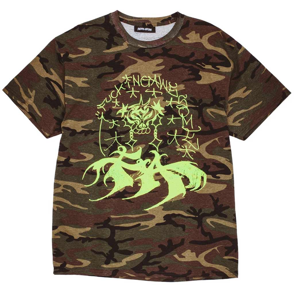 Fucking Awesome Savie Tee - Camo. Printed 100% Cotton Tee. Graphics on front and back. Artwork by Savie. Shop FA Worldwide clothing and accessories online with Dunedin's independent skate store, PAVEMENT. Free Aotearoa NZ shipping over $150 - Same day Dunedin delivery - Easy returns.