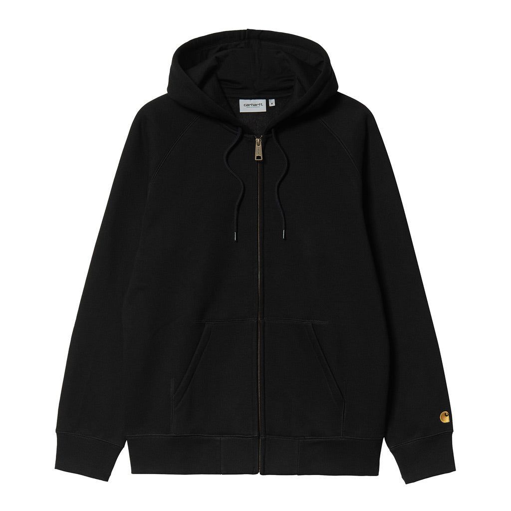 Carhartt WIP Hooded Chase Jacket - Black/Gold. I033664_00F_XX. 58% cotton, 42% polyester. Regular fit. Raglan sleeves Flatlock stitching Zip closure Kangaroo pocket Embroidered 'C' Logo. Pavement skate store, Dunedin