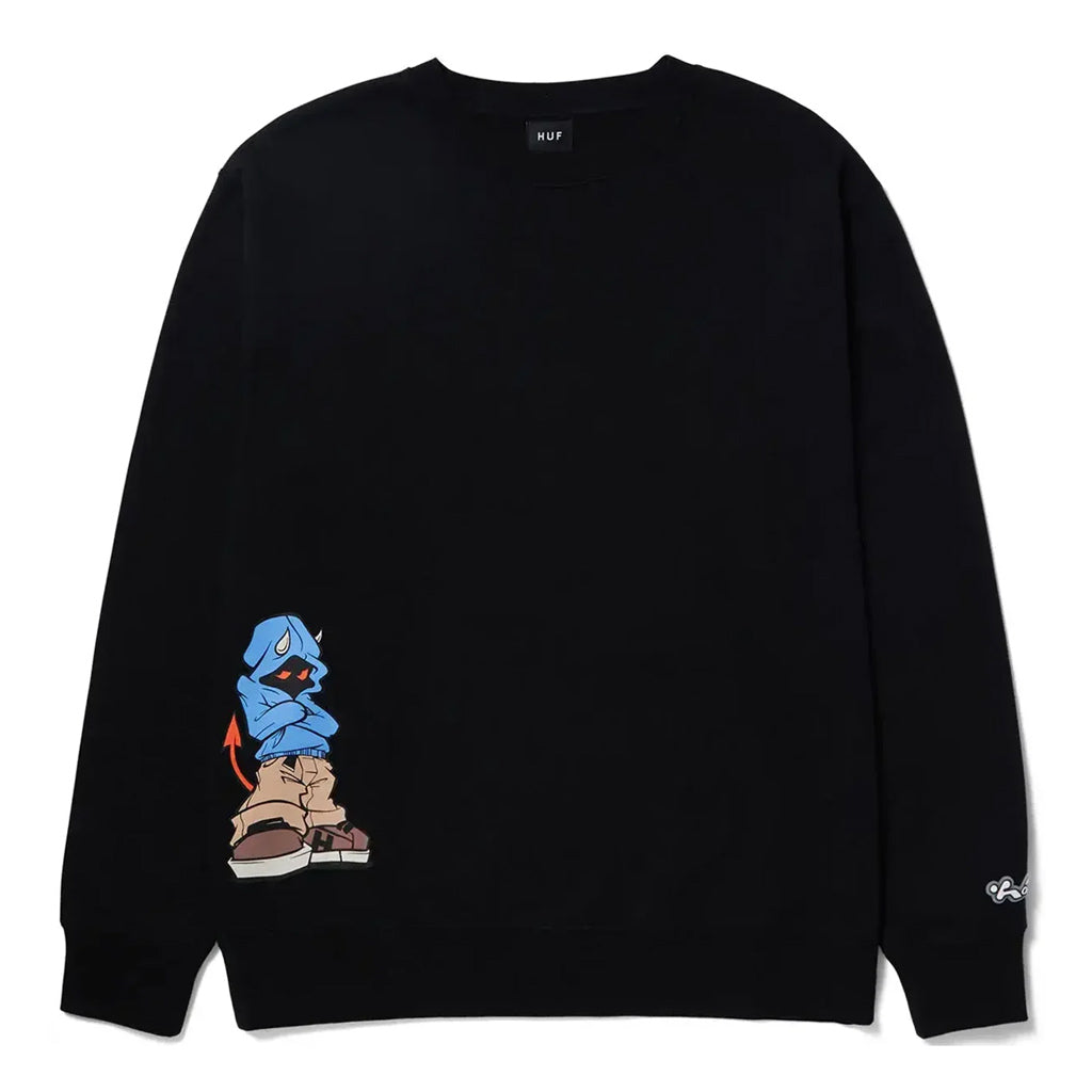 Huf Hell Razor Crew - Black. 80/20 Cotton-Poly 330gm Crewneck Fleece. Screen printed Artwork At Front Left Chest And Left Cuff. HUF Woven Label At Interior Neck. 