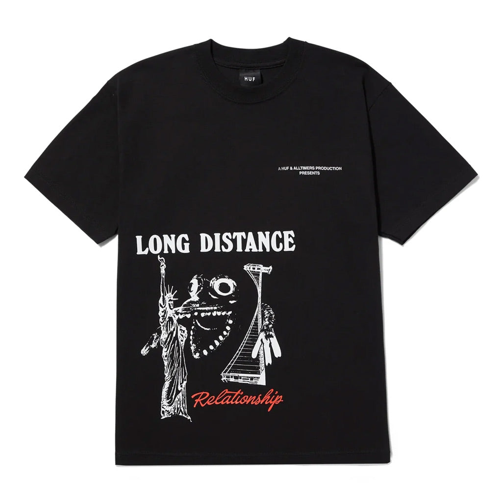 Huf x Alltimers Coast 2 Coast Tee - Black. 100% cotton short sleeve tee. Printed artwork at front. HUF woven label at interior neck. Shop the collection from HUF x Alltimers online with Pavement. Free, fast NZ shipping over $150. Same day delivery Dunedin before 3. Pavement skate store, Ōtepoti.