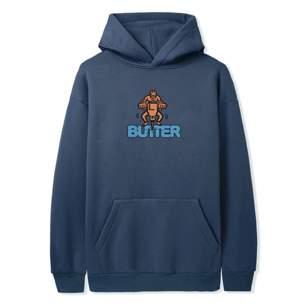 Butter Goods Jack Hammer Pullover Hood - Slate. Cotton / Polyester blend 10oz (330 gsm) fleece. Screen print on front. Free NZ shipping - Same day Dunedin delivery. Shop Butter Goods online with Pavement skate store. Easy, no fuss returns.