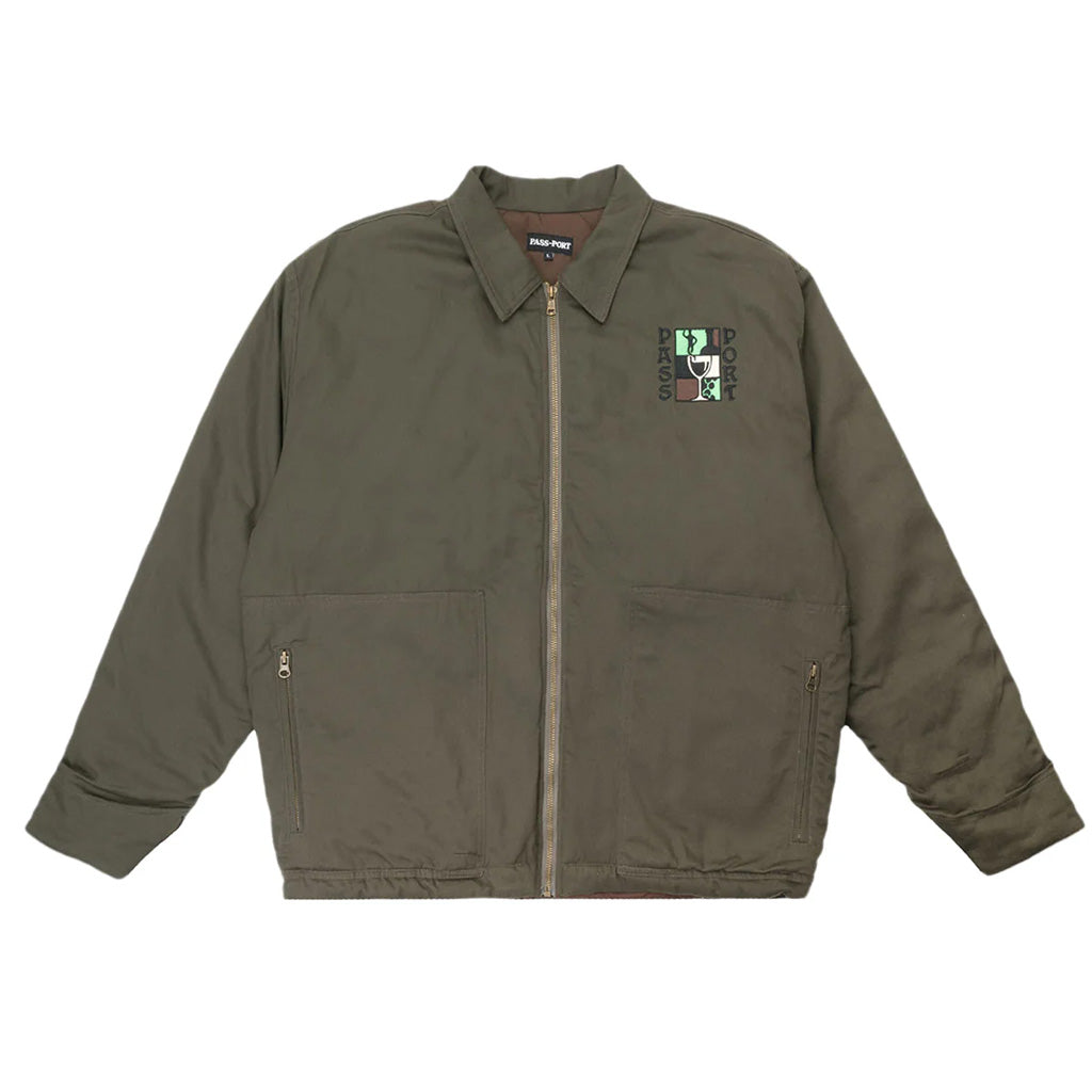 Passport Dine 'Em Workers Jacket - Olive. Pass~Port Dine Em' Workers jacket in olive is part of the cut and sew for range #42. Shop Pass~Port clothing, skateboard decks and accessories online with Pavement, Dunedin's independent skate store est 2009. Free NZ shipping over $150 - Same day Dunedin delivery.