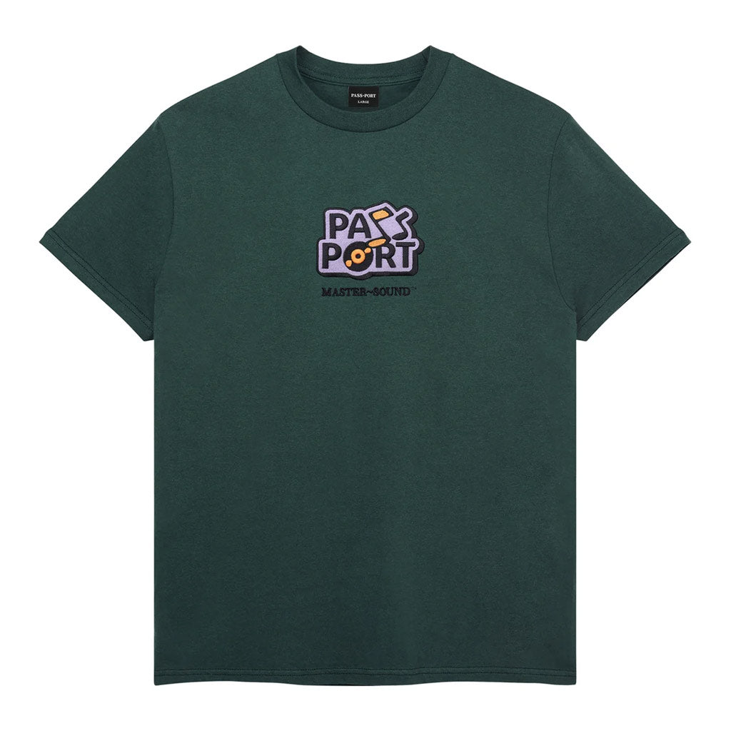 Passport Master Sound Tee - Dark Teal. Relaxed fit. Embroidery on front. 100% cotton 220 GSM. Shop Pass~Port clothing and skateboard decks with Pavement online. Free, fast NZ shipping over $150.