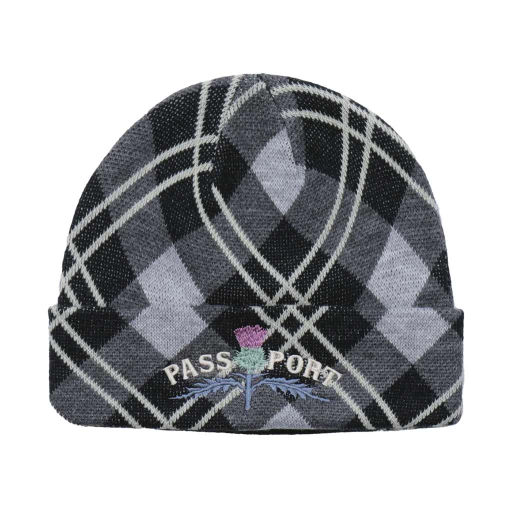 Pass~Port Thistle Beanie - Grey Tartan. Pass~Port Thistle beanie in black from range #39. Made from 100% acrylic with embroidery on front. Shop Pass~Port skateboards, clothing and accessories. Free, fast NZ shipping on orders over $100. Pavement skate shop, Ōtepoti.