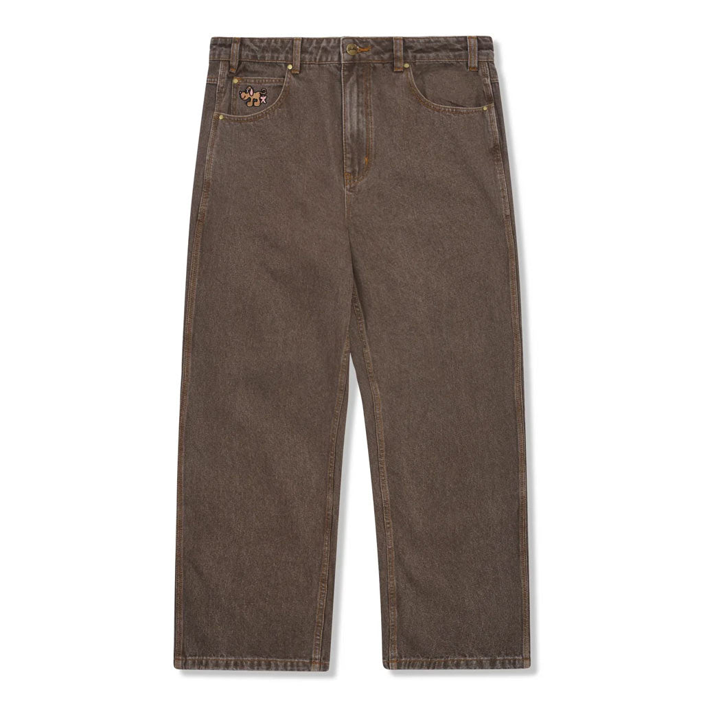 Butter Goods Pooch Relaxed Denim Jeans - Washed Brown. 100% Cotton relaxed fit denim jeans. Acid overdye wash. Embroidery on front & back. Shop Butter Goods online with Pavement skate store, Dunedin's independent since 2009. Fast NZ shipping over $150 - Same day Dunedin delivery - Easy returns.