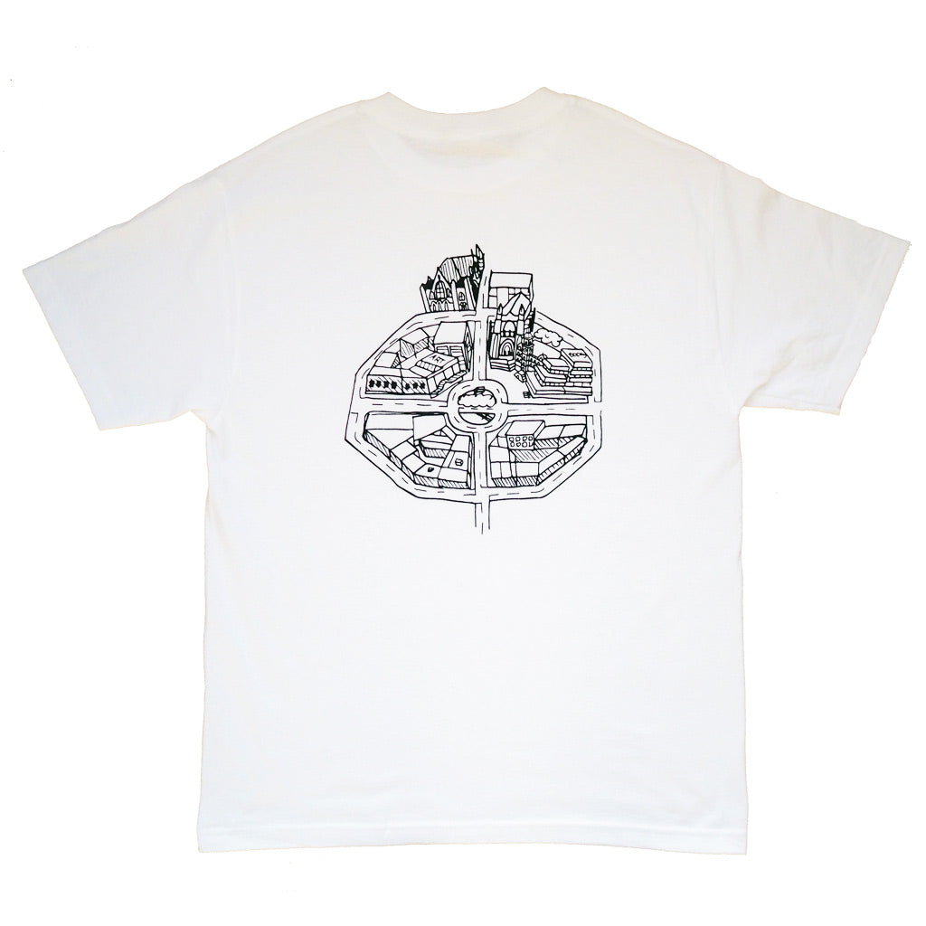 Pavement 2023 Octagon Tee - White. 100% Cotton, regular fit tee. Art work by Hugo Van Dorseer and Callum Parsons. Shop premium streetwear, skateboards, skate shoes and sneakers online. Fast, free NZ shipping over $100. Pavement, Ōtepoti's independent skate shop since 2009.