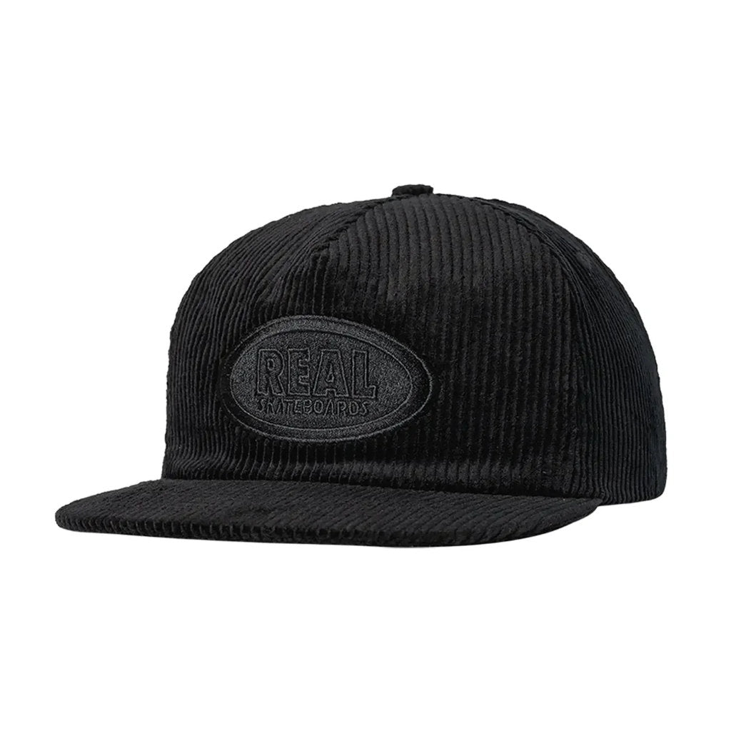 Real Oval Snapback in Black/Black Corduroy | Shop Real Skateboards online with Pavement with free Aotearoa NZ shipping on orders over $100*!
