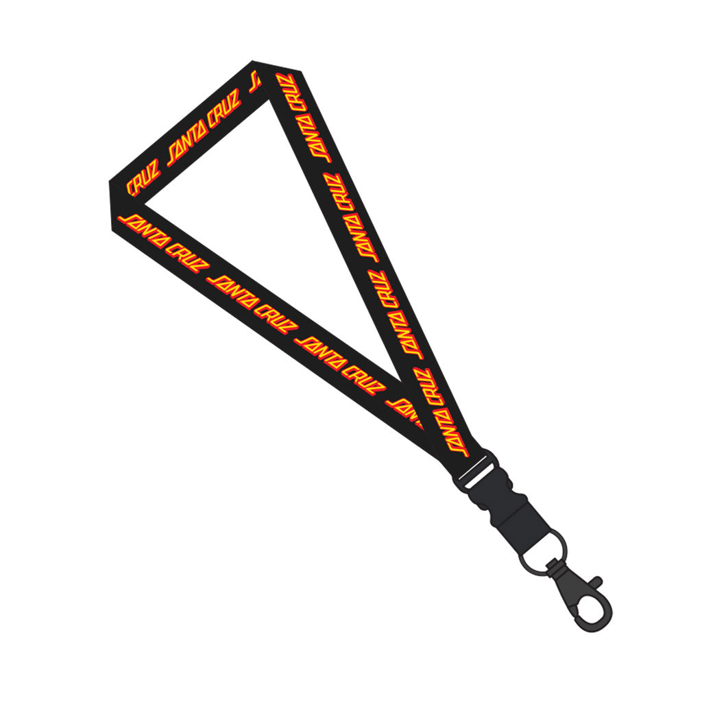 Santa Cruz Classic Strip Lanyard - Black. 100% Polyester Santa Cruz lanyard with a D-ring and clip, featuring the classic strip logo artwork. Product code: SU123-MC20. Shop Santa Cruz youth apparel, accessories and headwear with Pavement skate store online. Free NZ shipping over $150.