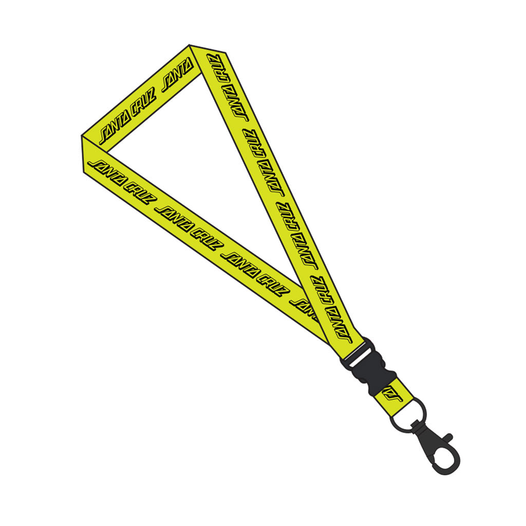 Santa Cruz Classic Strip Lanyard - Yellow. 100% Polyester Santa Cruz lanyard with a D-ring and clip, featuring the classic strip logo artwork. Product code: SU123-MC20. Shop Santa Cruz youth apparel, accessories and headwear with Pavement skate store online. Free NZ shipping over $150.