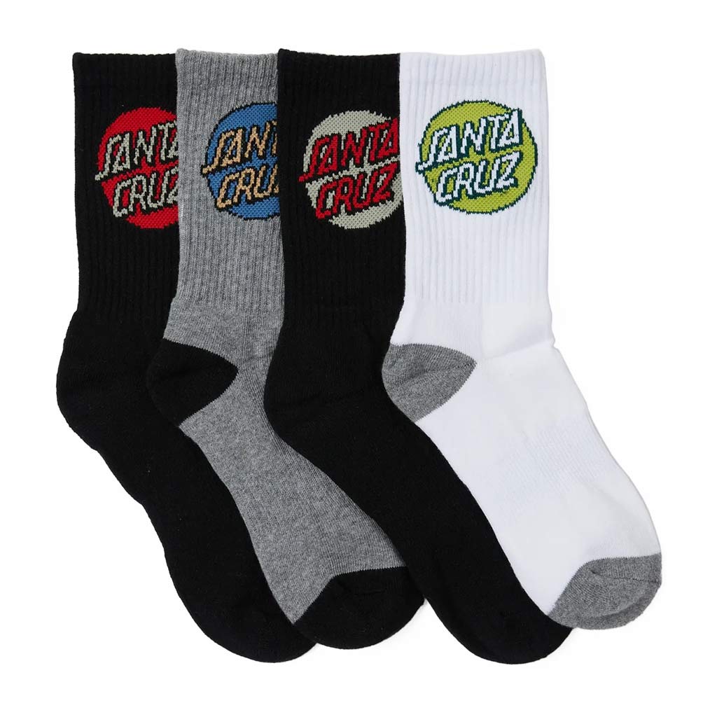 Santa Cruz Youth Other Dot Crew Socks 4 Pack - Black/White/Grey Marle. Shop Santa Cruz Skateboards, clothing and accessories online with Pavement Skate Store! Free Aotearoa NZ shipping over $100*