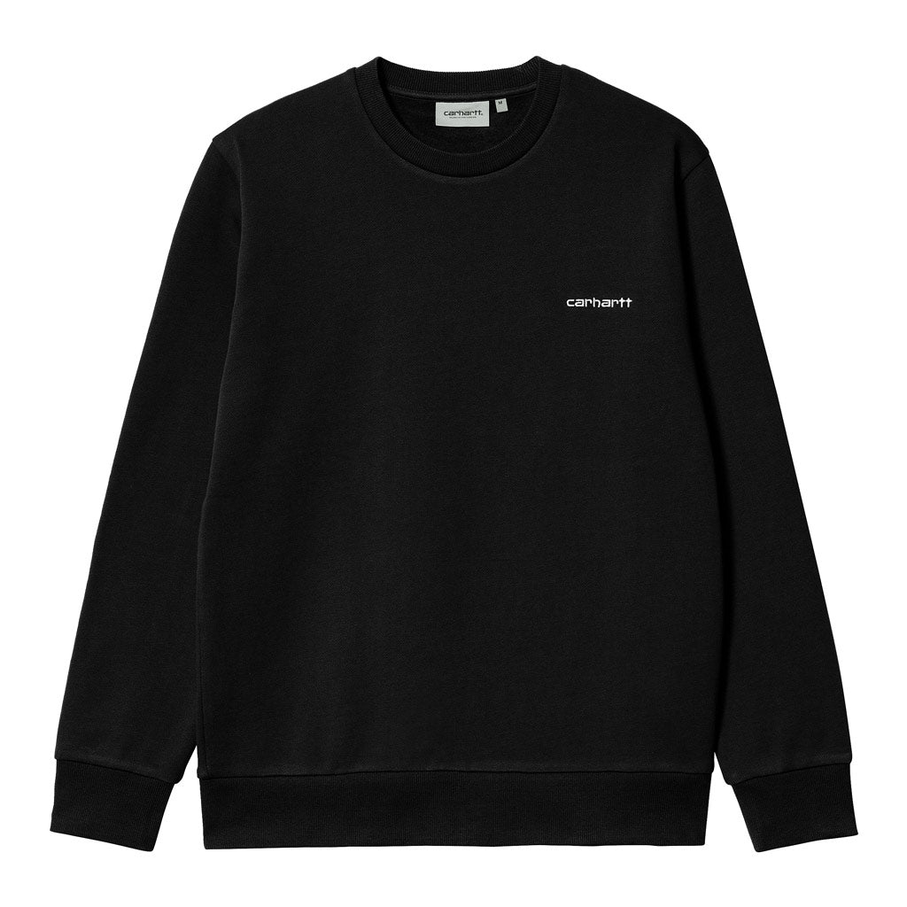 Carhartt WIP Script Embroidery Sweat - Black/White. I033657_0D2_XX. 74% Cotton, 26% polyester. Regular fit. Garment-washed. Embroidered Script Logo. Shop unisex crews Carhartt WIP online with Pavement. Free NZ shipping over $150 - Same day Dunedin delivery - Easy returns. PAVEMENT SKATE STORE.