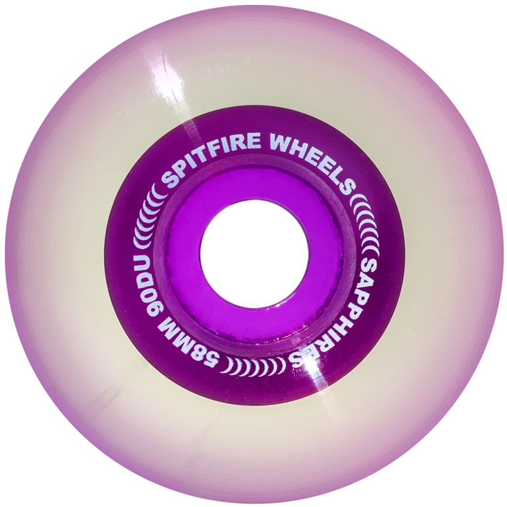 Spitfire Sapphire Wheels - 58mm- 90D- Clear/Purple. Gives you fast, smooth, long-lasting speed wherever you choose to burn. 90DU Clear riding surface - bonded to 101 F4 inner core.Translucent urethane with internal. Spitfire Bighead logo. Radial shape. Fast NZ delivery. Pavement skate store, Ōtepoti.