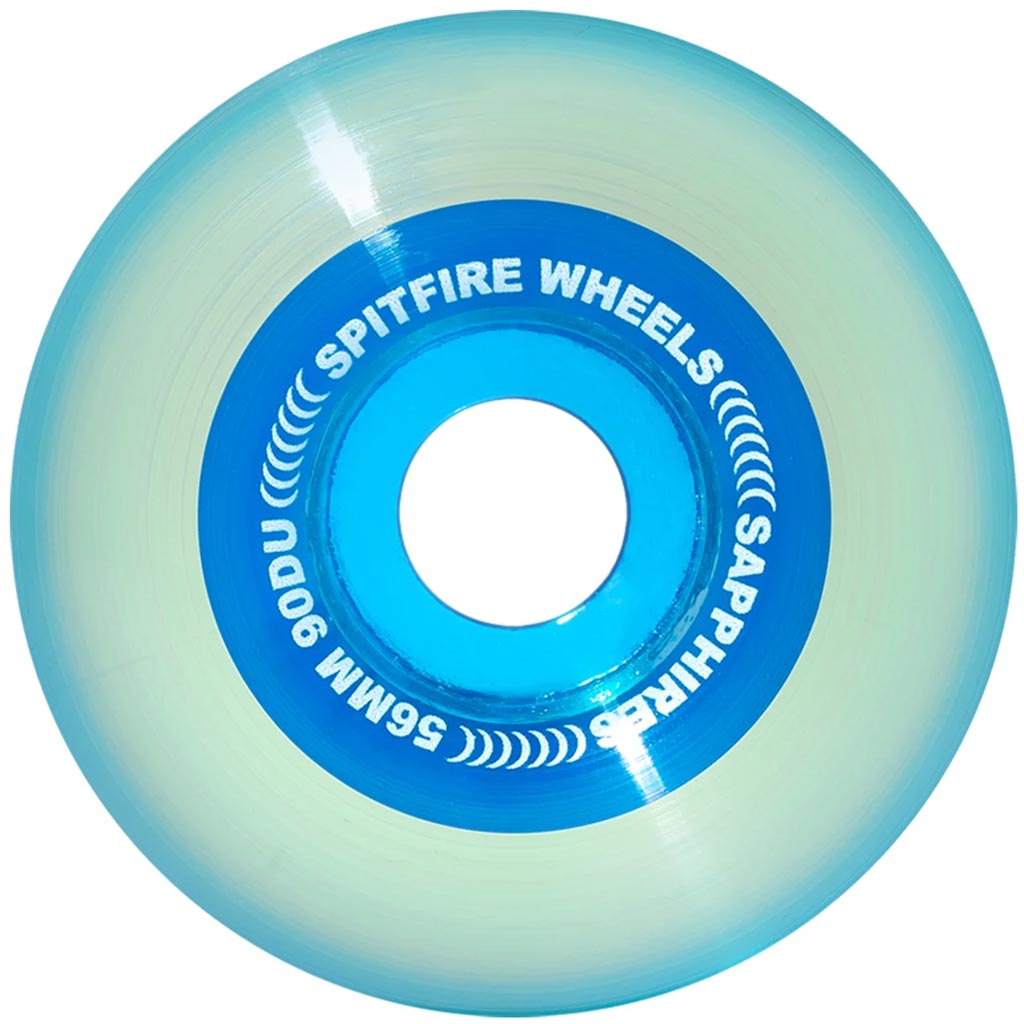 Spitfire Sapphire Wheels - 56mm- 90D- Clear/Blue. Gives you fast, smooth, long-lasting speed wherever you choose to burn. 90DU Clear riding surface - bonded to 101 F4 inner core.Translucent urethane with internal. Spitfire Bighead logo. Radial shape. Fast NZ delivery. Pavement skate store, Ōtepoti.