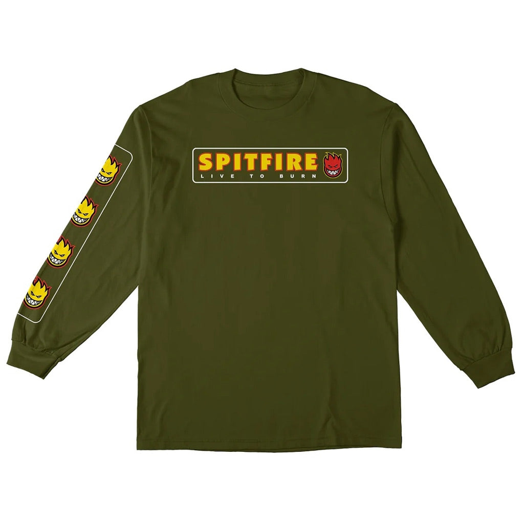 Spitfire Live To Burn Sleeve LS Tee - Military Green. 100% cotton long sleeve unisex tee. Screen printed front and sleeve graphics. Shop Spitfire Wheels clothing, skateboard wheels and accessories online with Pavement, Ōtepoti / Dunedin's independent skate store. Free NZ shipping over $150.