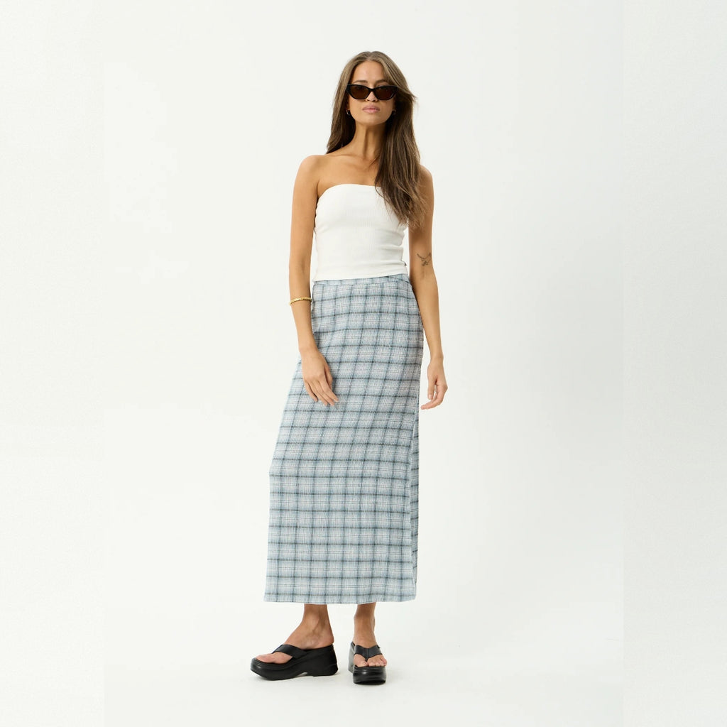 AFENDS LAGOON SEERSUCKER MAXI SKIRT - OVERCAST CHECK