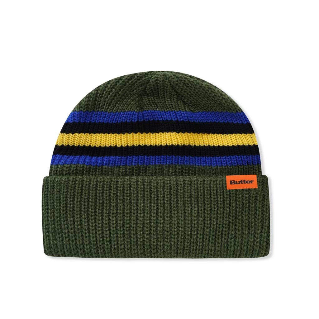 Butter Goods Stripe Cuff Beanie - Green. Tall cut acrylic fold beanie. All over jacquard graphic. Woven label on cuff. Size: OSFA. Shop Butter Goods online with Pavement skate store, Dunedin's independent since 2009. Free NZ shipping over $150 - Same day Dunedin delivery - Easy returns.