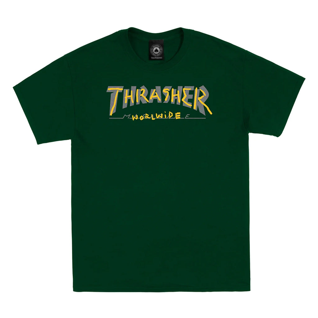 Thrasher Trademark Tee - Forest Green. Standard fit T-shirt woven from sustainably and fairly grown USA cotton. Featuring artwork by Mark Gonzales at center-chest and sewn-in label at inner neck. 100% Pre-shrunk cotton. Free NZ shipping over $150. Pavement skate store, Dunedin.