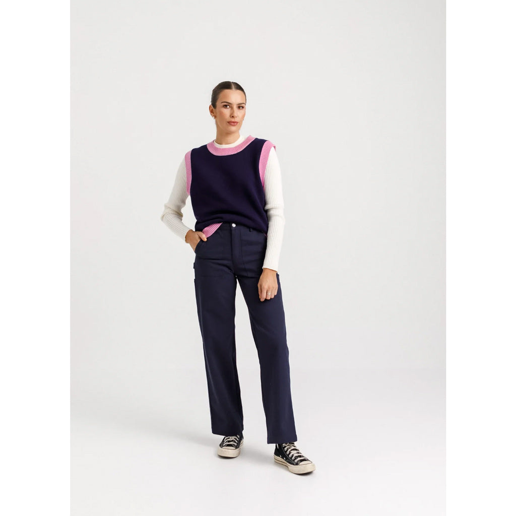 Thing Thing Spring Fling Vest - Ballet Navy. A sleeveless knitted vest with contrast coloured ribbing on the sleeves, neckline and hem. 100% cotton, fit's true to size. Shop women's Thing Thing clothing online with Pavement. Free, fast NZ shipping over $150 - Same day Dunedin delivery - Easy returns.