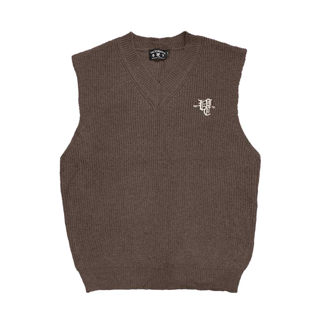 VIC Ol' English Mohair Blend Vest - Chocolate. Relaxed fit. Soft wool/mohair blend Embroidered logo. Hand wash cold.  Shop unsex knitwear online with Pavement and enjoy free NZ shipping over $150, same day Dunedin delivery and easy returns.