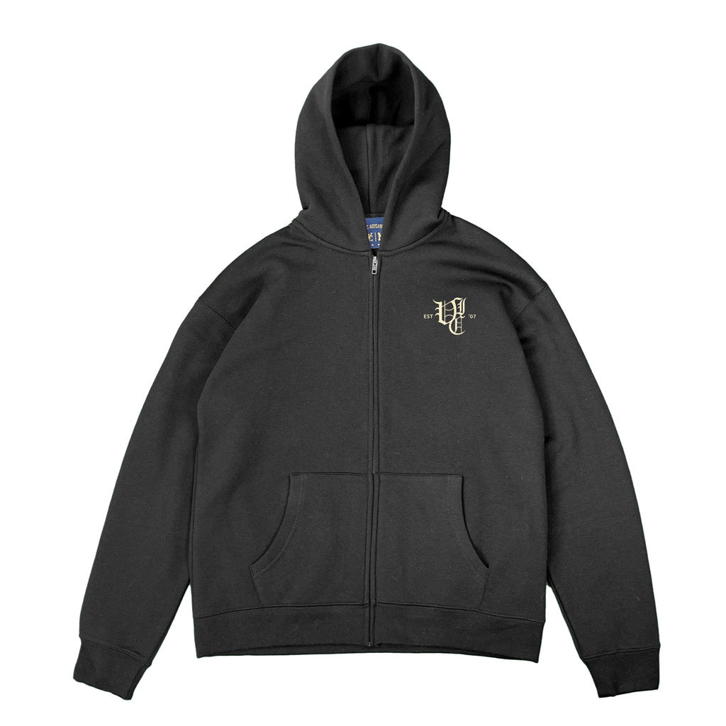 VIC Ol' English Zip Hood - Black. Relaxed & boxy fit. Dropped shoulder. Midweight, 320 GSM 80% Cotton 20% recycled polyester anti-pill fleece. YKK zipper. Logo embroidery. Shop VIC apparel online with Pavement and enjoy free NZ shipping over $150 - Same day Dunedin delivery - Easy returns.