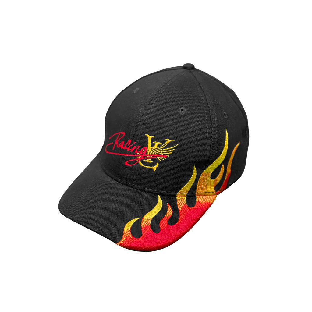 Vic Flame Racing Cap - Black. 100% Brushed heavy cotton. Flame embroidery to 1 side. Embroidered logo. One size fits all.  Adjustable fastener. Shop premium streetwear brand Vic with Pavement online. Free, fast NZ shipping over $150. Same day delivery Dunedin before 3.