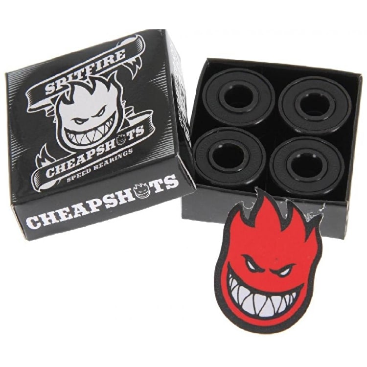 Spitfire Cheapshot Bearings. Set of 8 bearings. Rated ABEC 3. Made form heavy grade steel. Removeable Black shielded bearings. Comes with Spitfire sticker. Shop Spitfire online with Pavement Skate Store. Free Aotearoa NZ shipping over $100*.