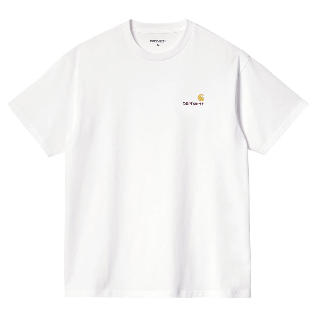 Carhartt WIP SS American Script Tee - White. Made from mid-weight organic cotton jersey in a loose fit, the S/S American Script T-Shirt features two-tone American Script embroidery on the chest. Pavement skate shop, Dunedin