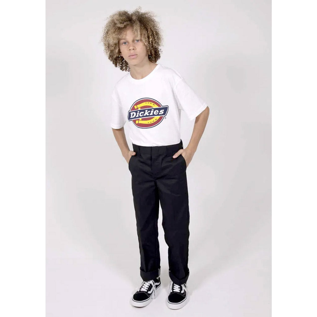 Dickies 478 Original Fit Youth Pants - Black. The original 874, now in youth sizing. This pant sits at the true waist, is wrinkle resistant, has a permanent crease, metal hook & bar closure, back welt pockets and long tunnel belt loops. Dickies Soft Cloth 81% Cotton, 18% Polyester, 1% Spandex. K4210924Y. Pavement Skate