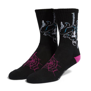 Huf x Spiderman Hangin' Out Socks - Black. The Hangin’ Out Sock features jacquard print Marvel graphics and HUF branding. Cotton/poly blend crew sock. Shop the Huf x Spiderman capsule of skateboards, tees, socks and accessories and cop free shipping across Aotearoa with Pavement, Ōtepoti's independent skate shop.
