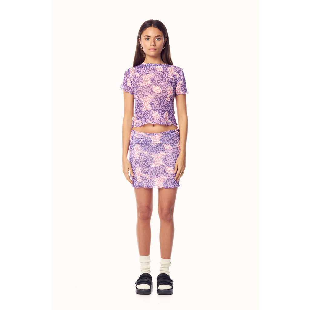 Misfit Calibor Mesh Skirt- Lilac This skirt in a stretch mesh fabric & all over yardage print also features a contrast colour elastic waistband trim, DTM babylock hem & is fully lined. Enjoy free shipping across NZ on your Misfit women's orders over $100 at Pavement Skate Shop New Zealand.