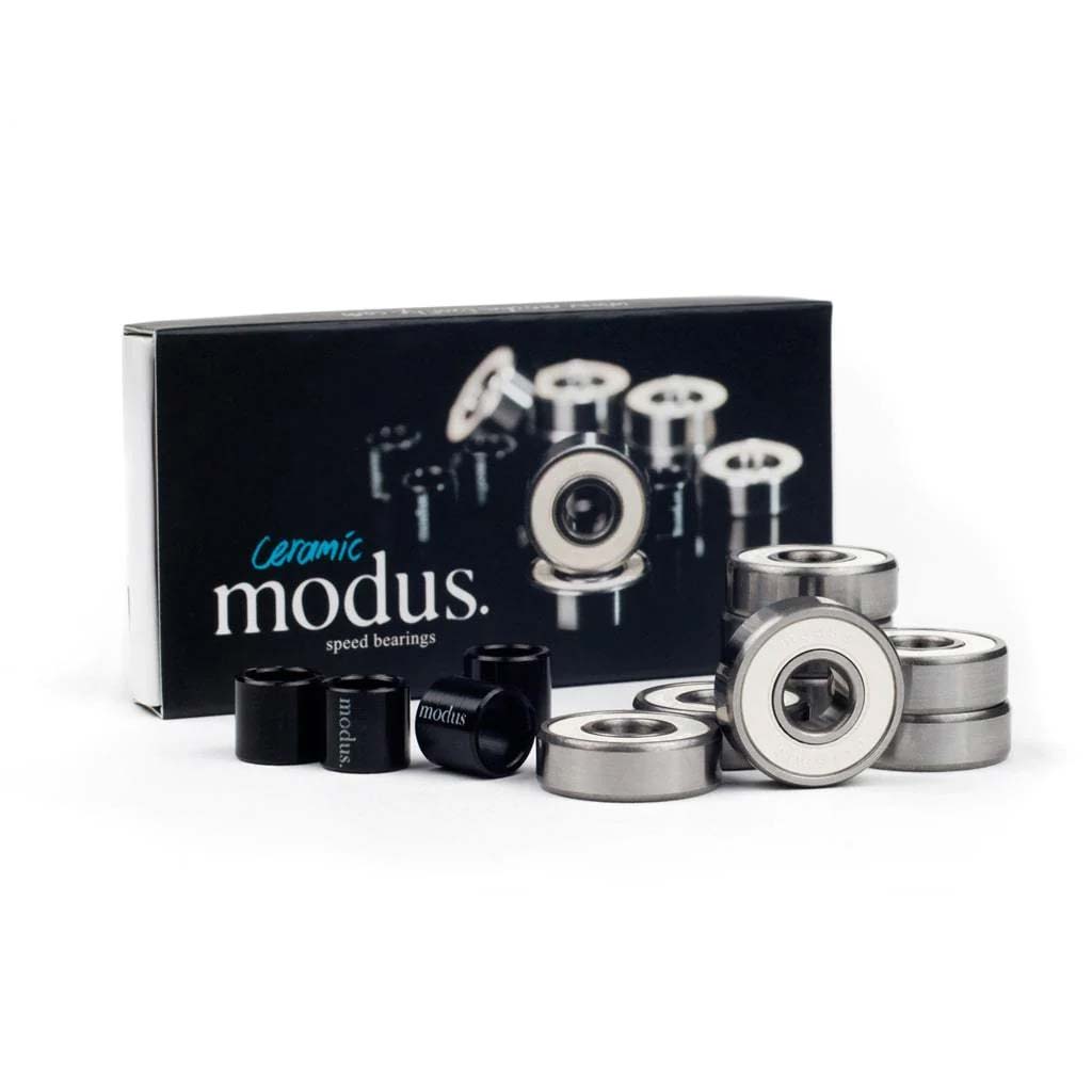 Modus Bearings - Ceramic. You want fast, you go ceramic. Modus Ceramic bearings produce less heat, require less lubrication, run at a higher temperature and have a longer life. It's a no brainer. Pavement, Ōtepoti's independent skate store since 2009.