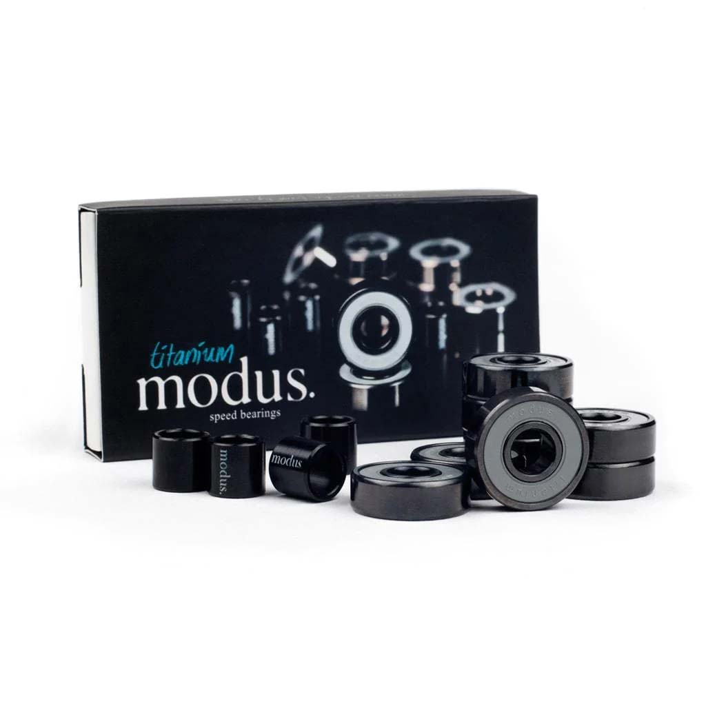 Modus Bearings - Titanium. Titanium gives this bearing exceptionally hard rolling surfaces and consequently less friction. Less friction means more speed and this speed lasts for longer. Get aerospace quality that keeps going with Modus. Shop skateboard hardware with Pavement, Dunedin's independent skate shop.