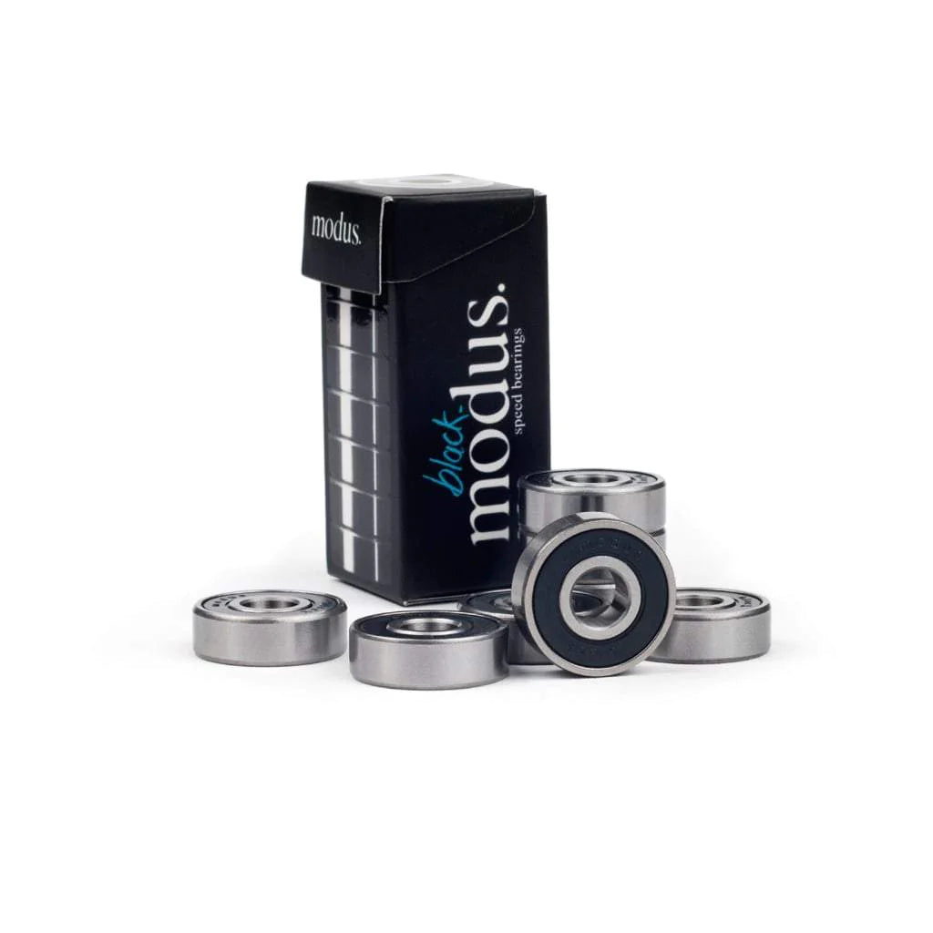 Modus Bearings - Black. Great value bearing that performs well, the Black Skateboard Bearings from Modus have a single removable shield, nylon cage and are made of high carbon chromium steel. Pregreased with super fast lube the Black Bearings are sold as a set of eight. Pavement skate shop, Dunedin.