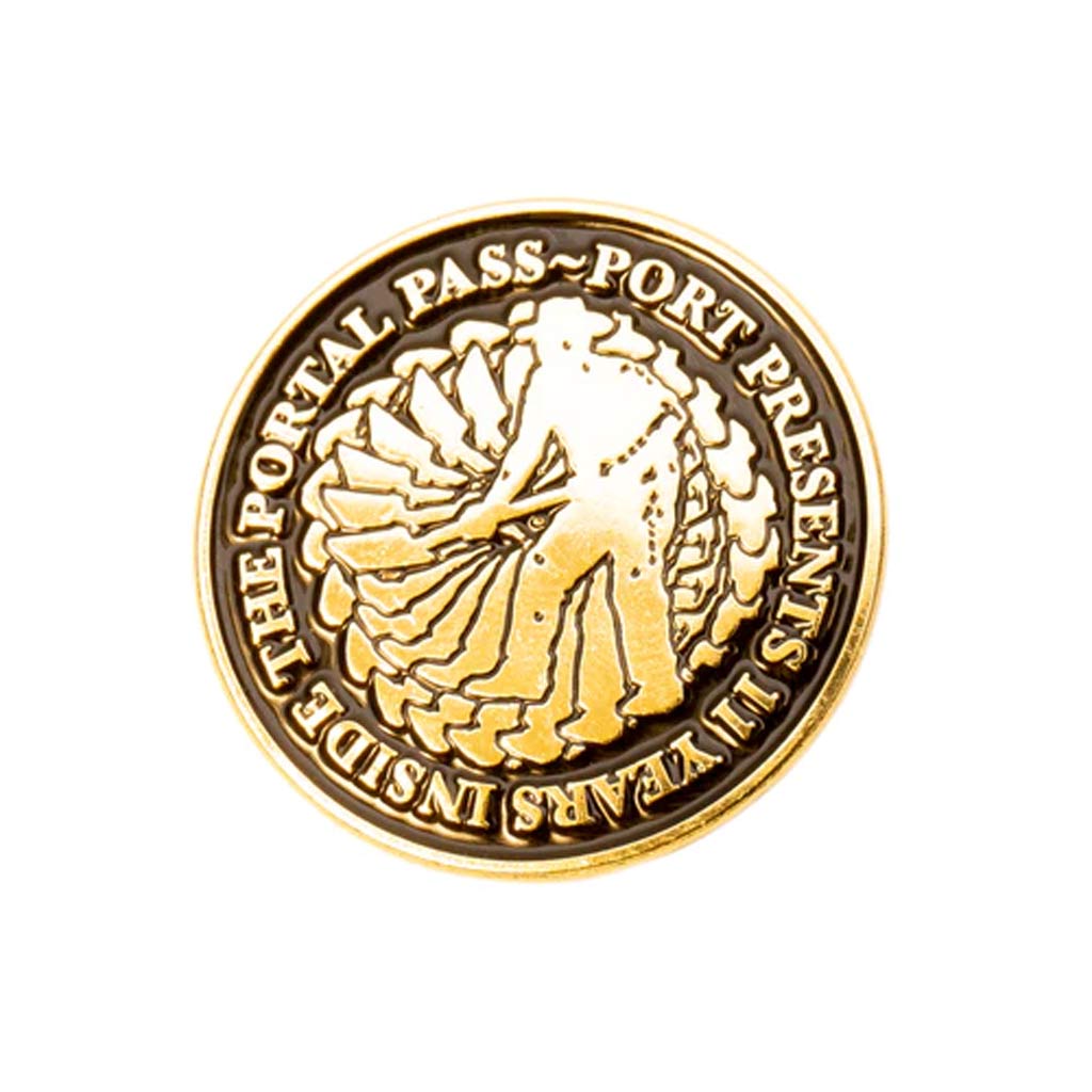 Pass~Port 11 Year Pin - Gold. Die-cut pin with rubber back. Shop the 11 year anniversary capsule for Pass~Port. Free N.Z shipping on orders over $100. Pavement skate shop, Dunedin.