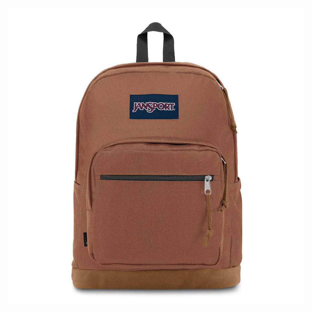 Jansport Right Pack III - Brown Patina. 915 denier Cordura® fabric with suede leather bottom. Internal padded sleeve laptops up to 15”. Side Water Bottle Pocket. Straight cut, padded shoulder straps. Webbed Haul Handle. One large main compartment. Front utility pocket with organiser and front zippered stash pocket.
