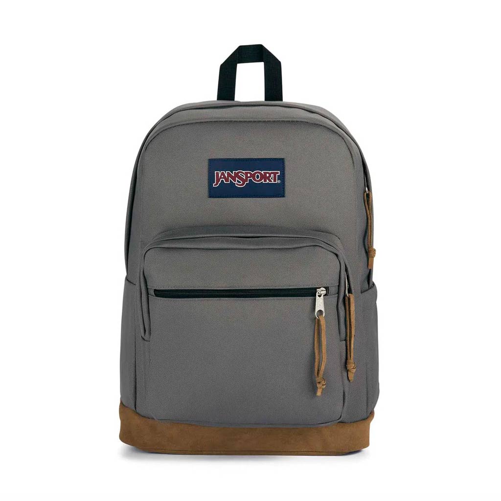 Jansport Right Pack III - Graphite Grey. 915 denier Cordura® fabric with suede leather bottom. Internal padded sleeve laptops up to 15”. Side Water Bottle Pocket. Straight cut, padded shoulder straps. Webbed Haul Handle. One large main compartment. Front utility pocket with organiser and front zippered stash pocket.
