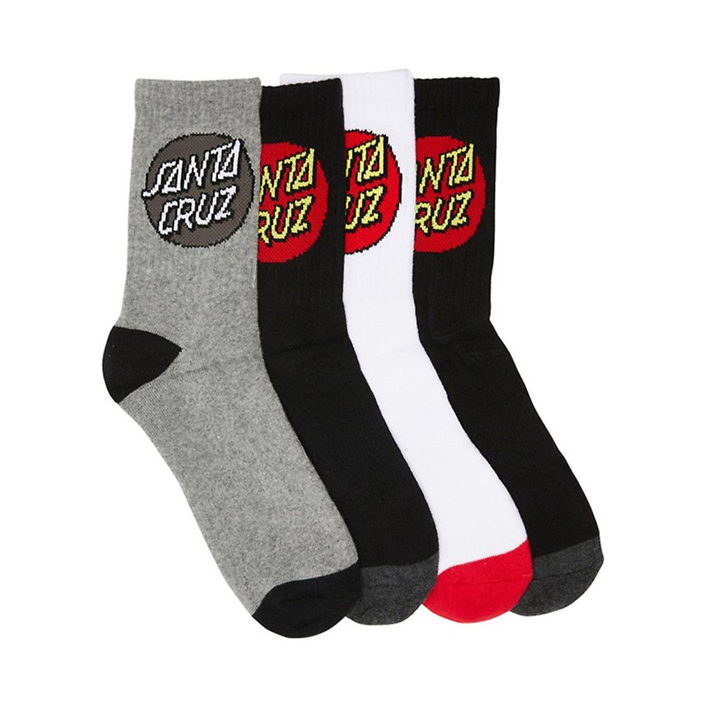Santa Cruz Youth Classic Dot Socks 4 Pack - Black/White/Grey Marle. Youth size 2-8 cotton/elastane/polyester crew socks. Enjoy free N.Z shipping on your Santa Cruz Youth apparel and accessory orders over $100. Pavement, Dunedin's independent skate shop. 