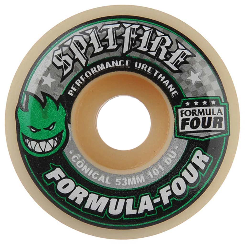 Spitfire Formula Four Conical 53mm 101 Durometer Wheels - Green Print. Smooth Anti-stick Slide With More Speed and Control. Formulated for a Harder-faster Ride With Unmatched Flatspot Resistance. Enjoy Free Shipping in NZ on All Your Spitfire Orders Over $100. Pavement, Ōtepoti's only core skate shop.