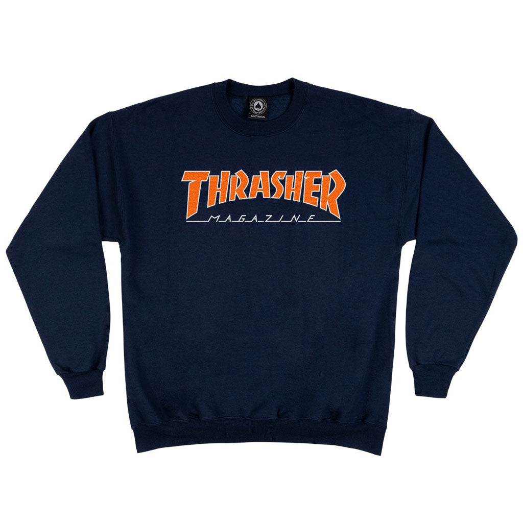 Thrasher Outline Crew - Navy/Orange. Mid-weight, 50% cotton 50% polyester crewneck sweatshirt featuring the Outlined logo. Enjoy free N.Z shipping on your Thrasher orders over $100 with Pavement, Dunedin's independent skate shop.
