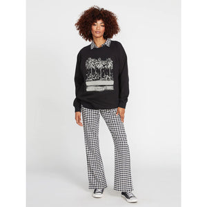 Volcom Coco Ho Flare Pant - Ash. Designed in collaboration with Volcom's long-time rider, Coco Ho. 32" Inseam 98% Cotton / 2% Elastane Yarn Dye Gingham Plaid Pull on fit and flare pant with elastic encased at foldover waistband Metal badge at back waist