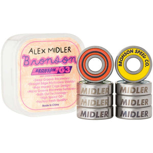 Bronson Speed Co Alex Midler Pro G3 Skateboard Bearings. Alex Midler's signature G3 bearing featuring artwork by Ryder McLaughlin @rydermclaughlin with a multi-color crayon theme and Midler laser etching on the outside bearing race. Shop skateboard bearings from Bronson, Bones, Shake Junt, Mini Logo and Commodore.