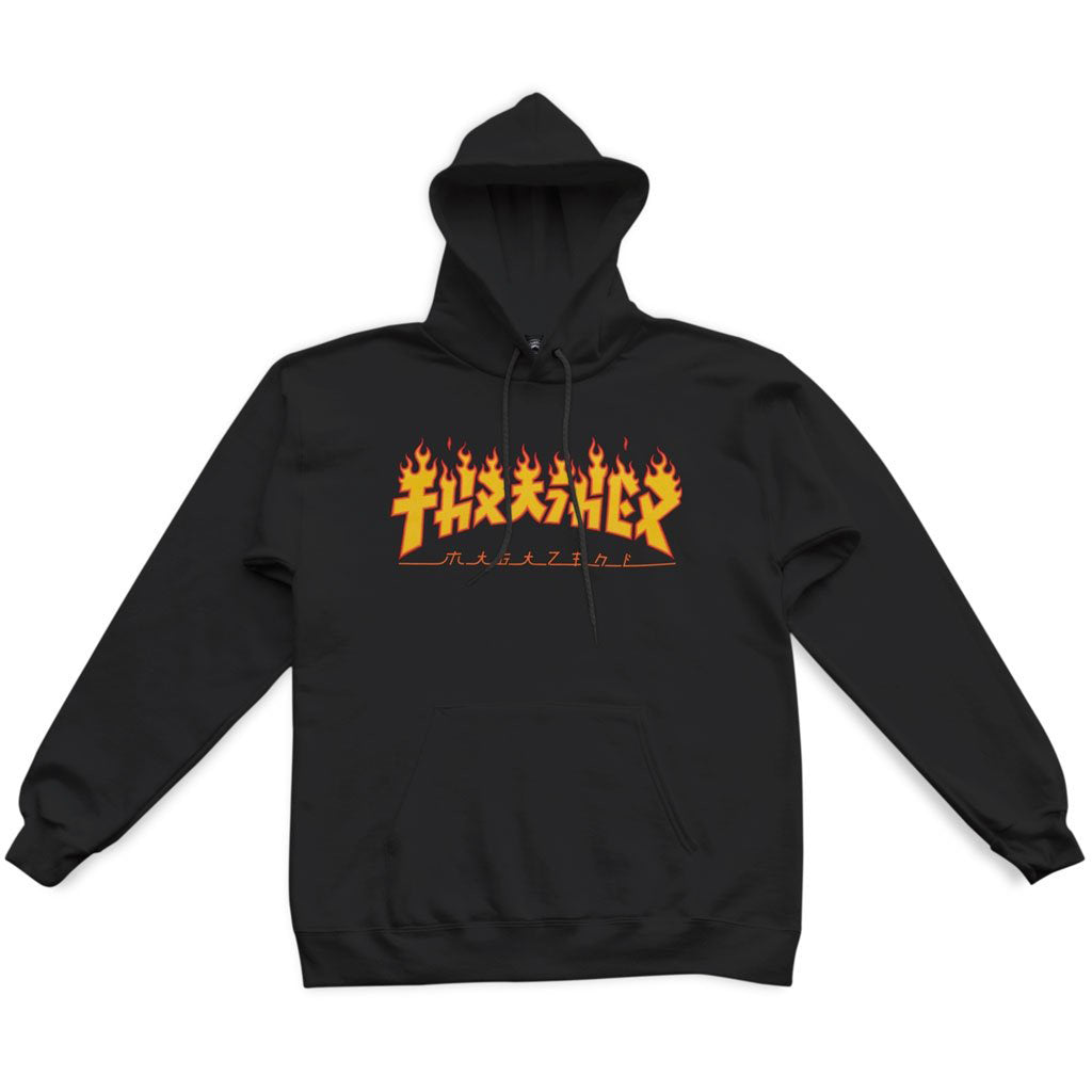 Thrasher Godzilla Flame Hood - Black. Heavyweight, 90% cotton 10% polyester hooded sweatshirt featuring the Godzilla Flame logo. Pavement skate shop, Dunedin.