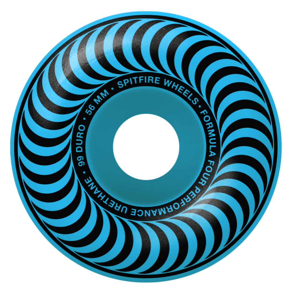 Spitfire Formula Four Chroma Classic 56mm 99D - Light Blue. Width 35.3mm. Hardness 99 Duro. Made in USA. Shop Spitfire Wheels, apparel, headwear and accessories. Free N.Z shipping on orders over $100. Pavement skate shop, Dunedin.