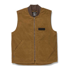 Volcom Skate Vitals C Provost Vest - Rubber. Waist length fit. 100% Cotton corduroy 12 Wales. Lining: 100% Polyester taffeta. Filled with 100% Polyester polyfill. Center front zippered closure. Designed in collaboration with Collin Provost. Shop unisex vests from Volcom, Carhartt, Dickies. Pavement skate shop, Dunedin.